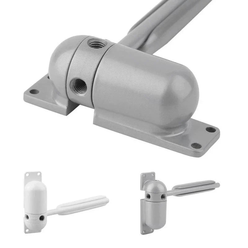 Szary automatyczny mechanizm do drzwi, gładkie i ciche zamykanie, bezpieczny dla nowoczesnego domu; zapobiega przeciągom