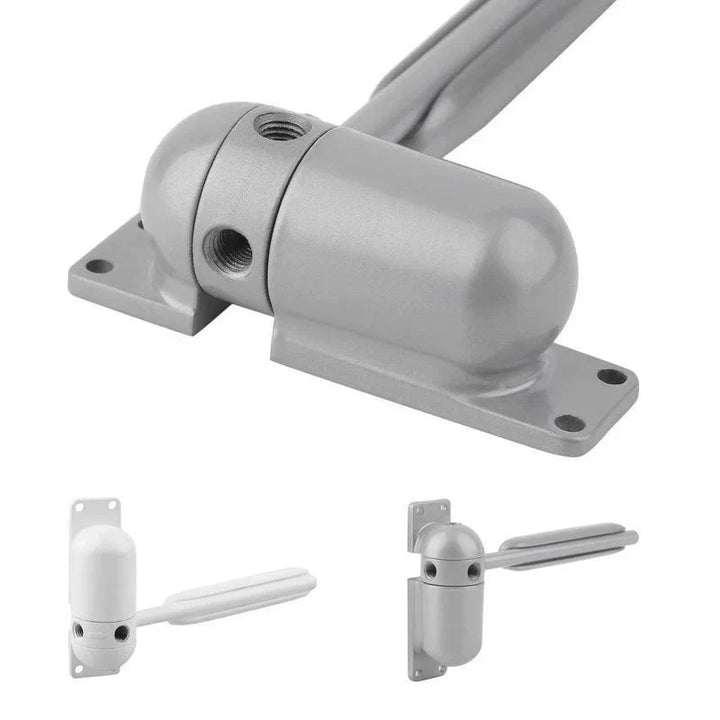 Szary automatyczny mechanizm do drzwi, gładkie i ciche zamykanie, bezpieczny dla nowoczesnego domu; zapobiega przeciągom