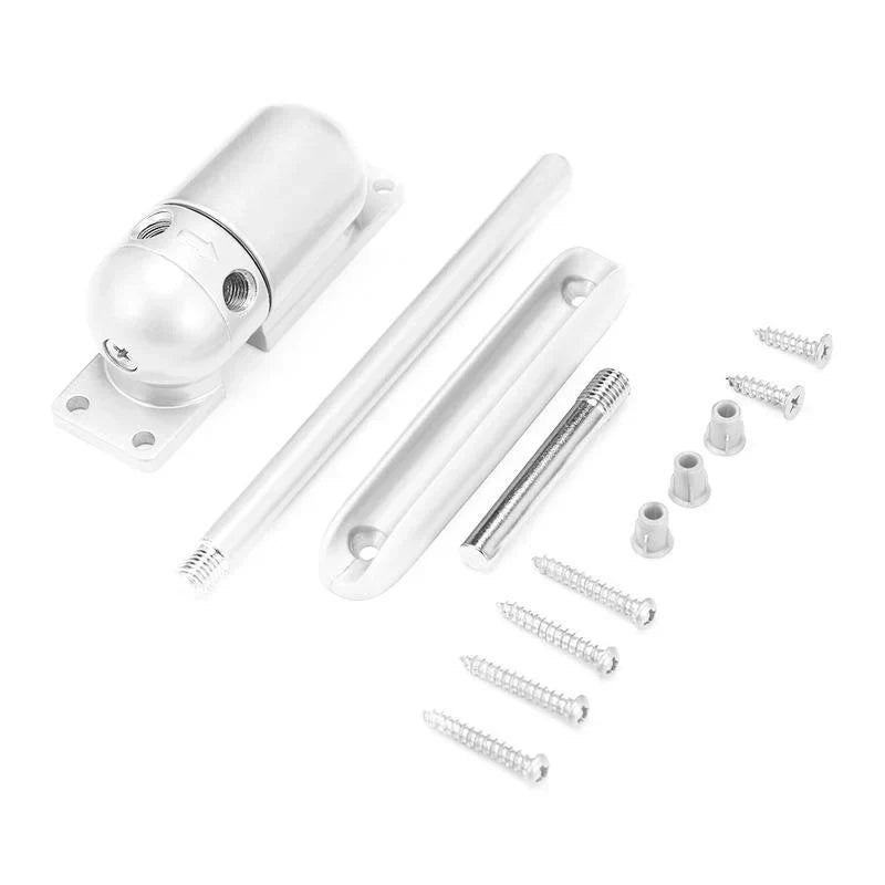 Szary automatyczny mechanizm do drzwi, gładkie i ciche zamykanie, bezpieczny dla nowoczesnego domu; zapobiega przeciągom