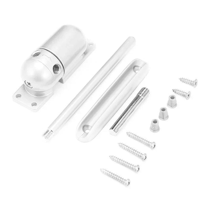 Szary automatyczny mechanizm do drzwi, gładkie i ciche zamykanie, bezpieczny dla nowoczesnego domu; zapobiega przeciągom