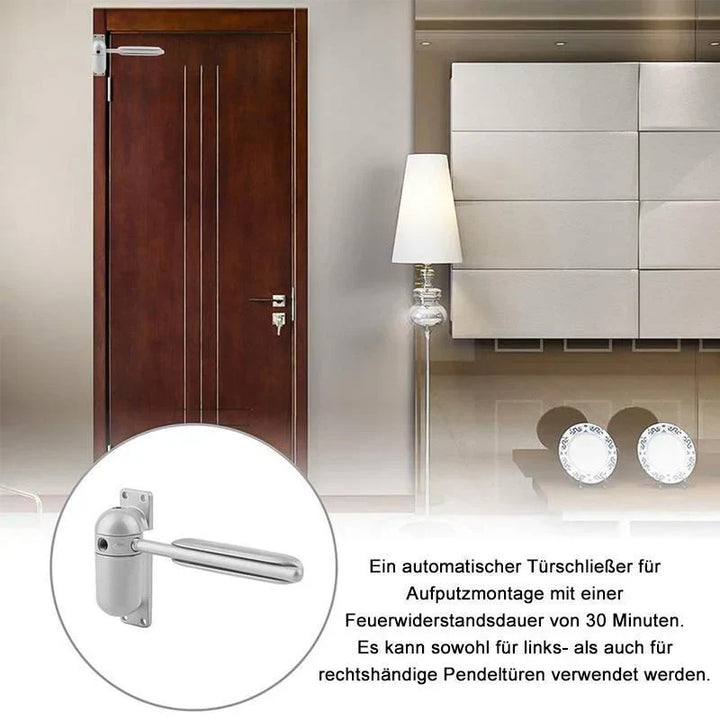 Szary automatyczny mechanizm do drzwi, gładkie i ciche zamykanie, bezpieczny dla nowoczesnego domu; zapobiega przeciągom