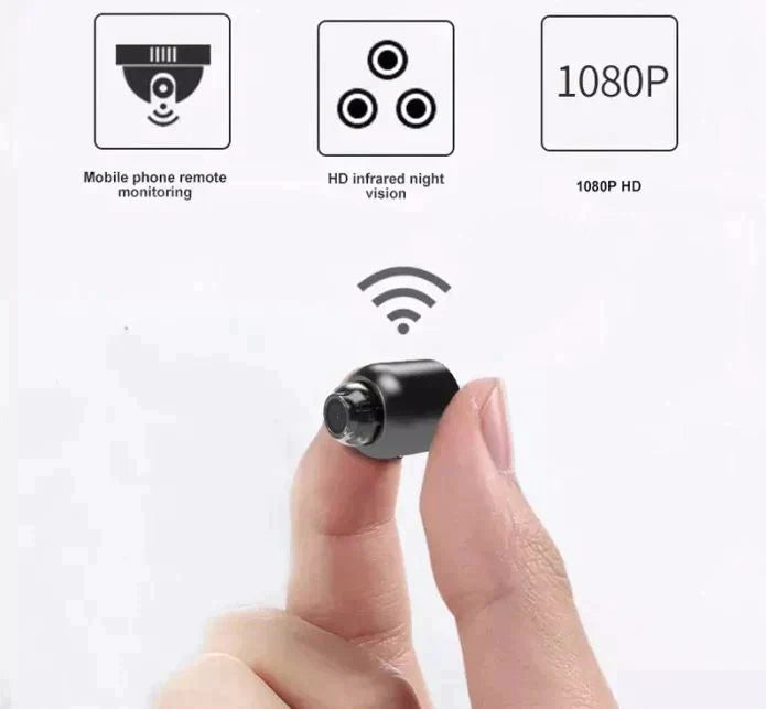 Kompaktowa, czarna mini kamera Wi-Fi z nocną wizją HD i detekcją ruchu, kąt widzenia 150° dla bezpieczeństwa.