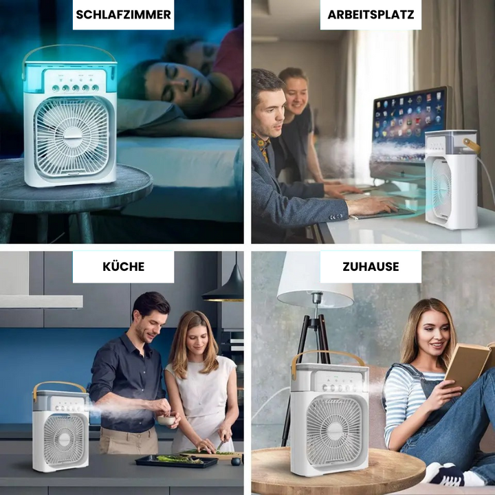 Biały przenośny mini klimatyzator, kompaktowy, ładowalny, idealny na lato, o nowoczesnym designie, na powierzchni biurka.
