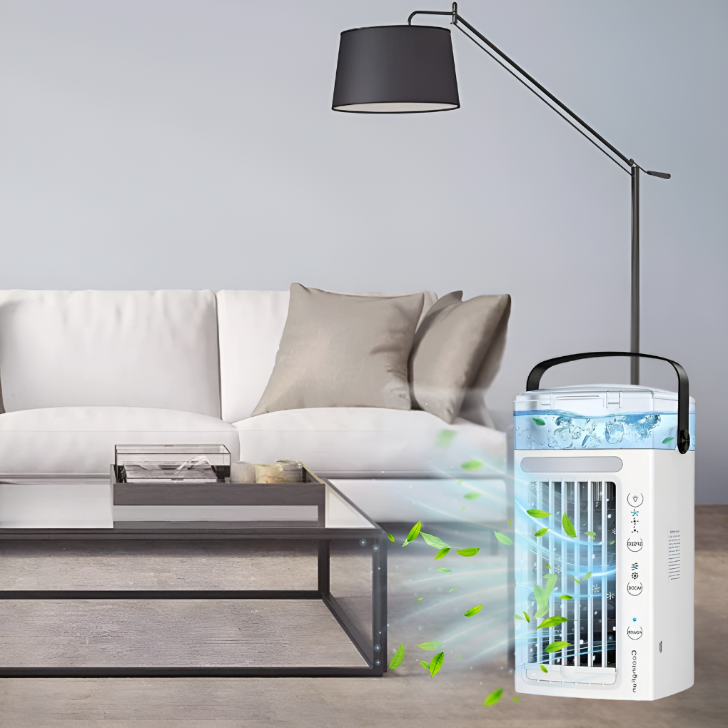 Kompaktowy i lekki przenośny mini klimatyzator na stole, o geometrycznym designie, idealny do szybkiego osobistego odświeżenia.