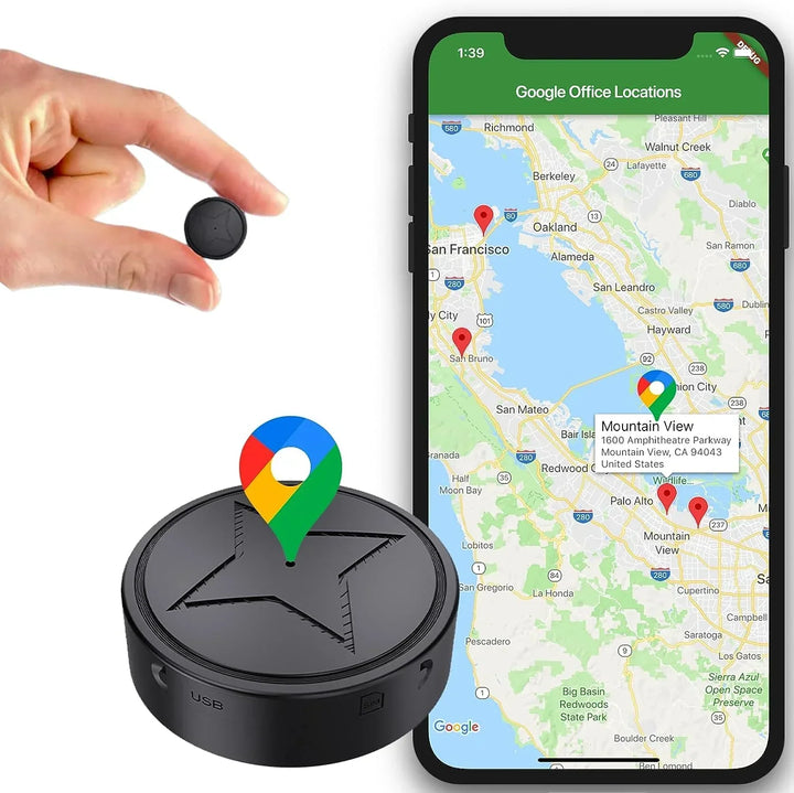 MiniTrack GPS kompaktowy i magnetyczny, czarny, precyzyjne śledzenie w czasie rzeczywistym, łatwy montaż na metalowych powierzchniach.