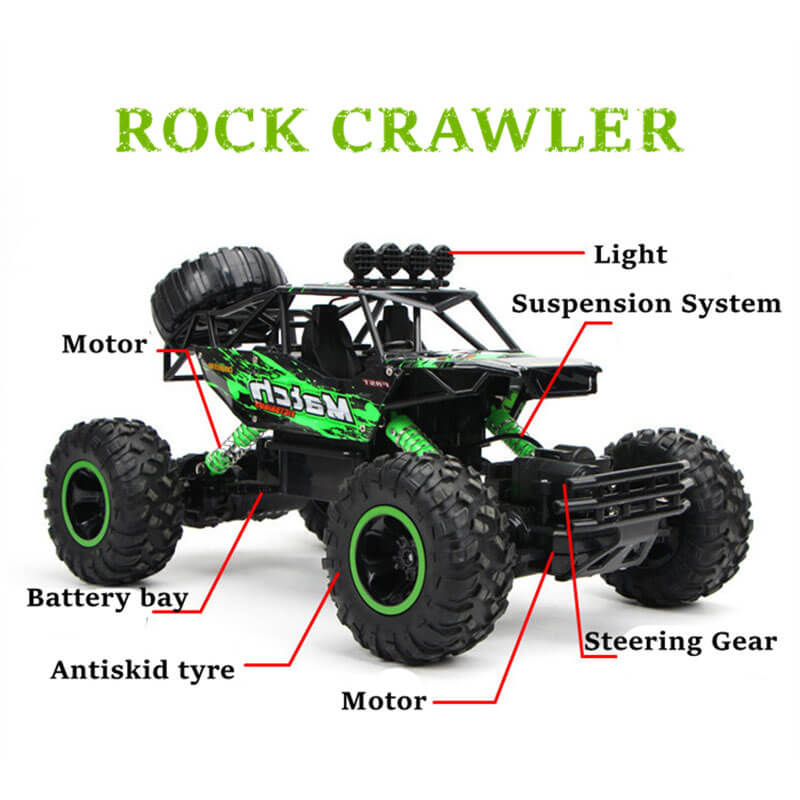 "Monster Truck RC 4x4 rouge sur terrain rocailleux, suspension robuste et pneus antidérapants pour aventures extrêmes."