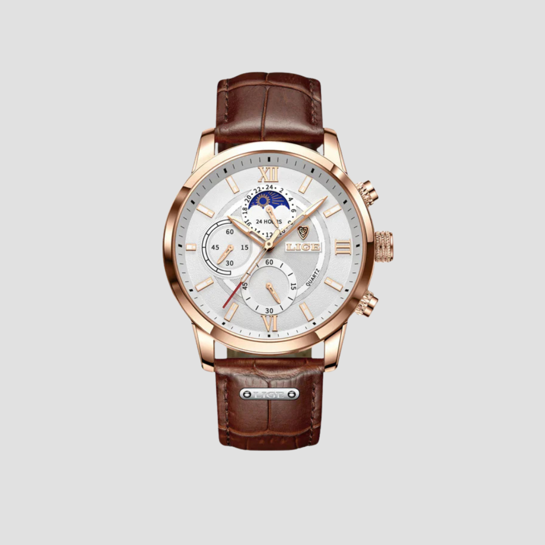 Elegancki klasyczny zegarek męski, koperta 43 mm, skórzany pasek, świecące detale, wyrafinowany design.