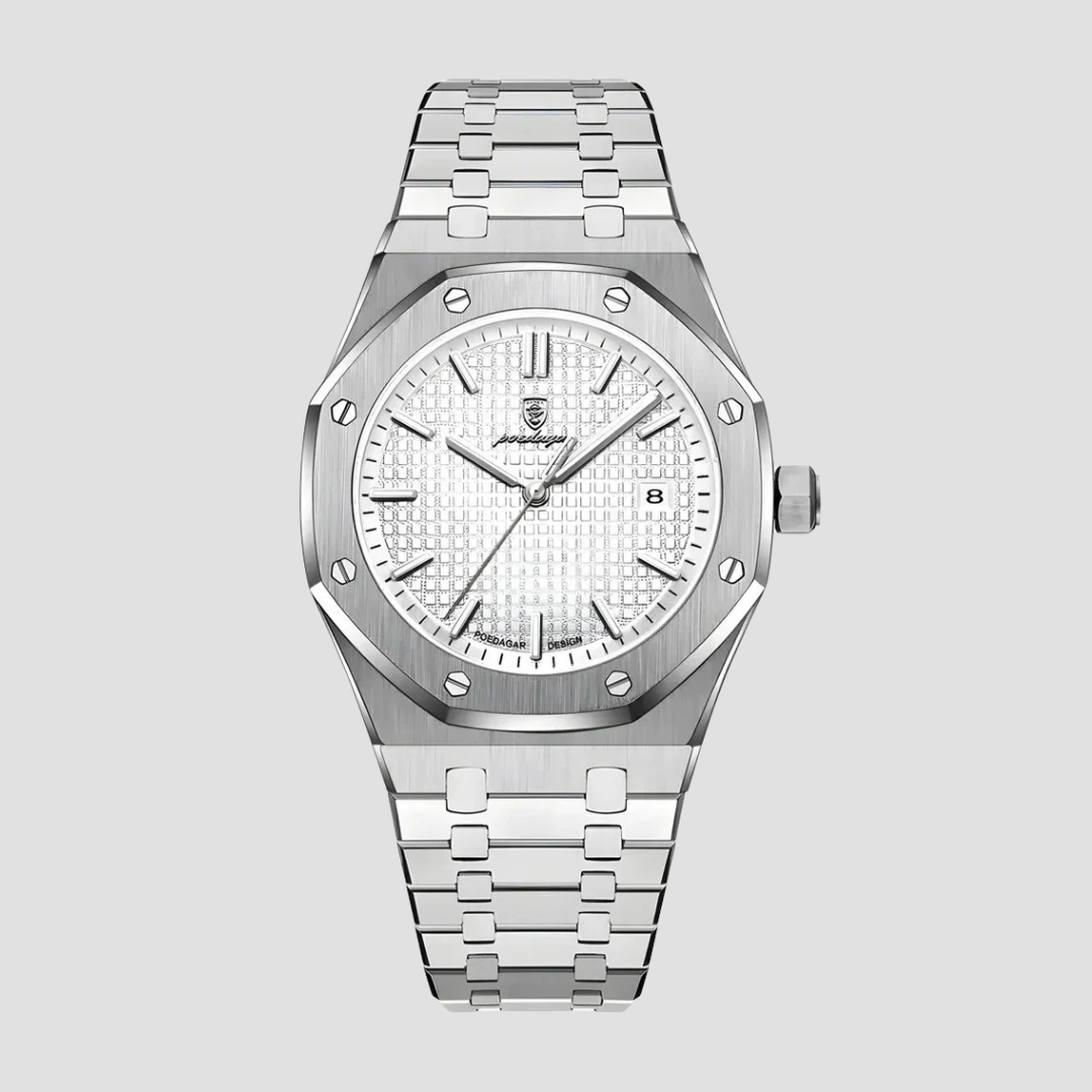 Klasyczny męski zegarek ze stali nierdzewnej, zintegrowana bransoleta, szafirowe szkło, 41 mm koperta.