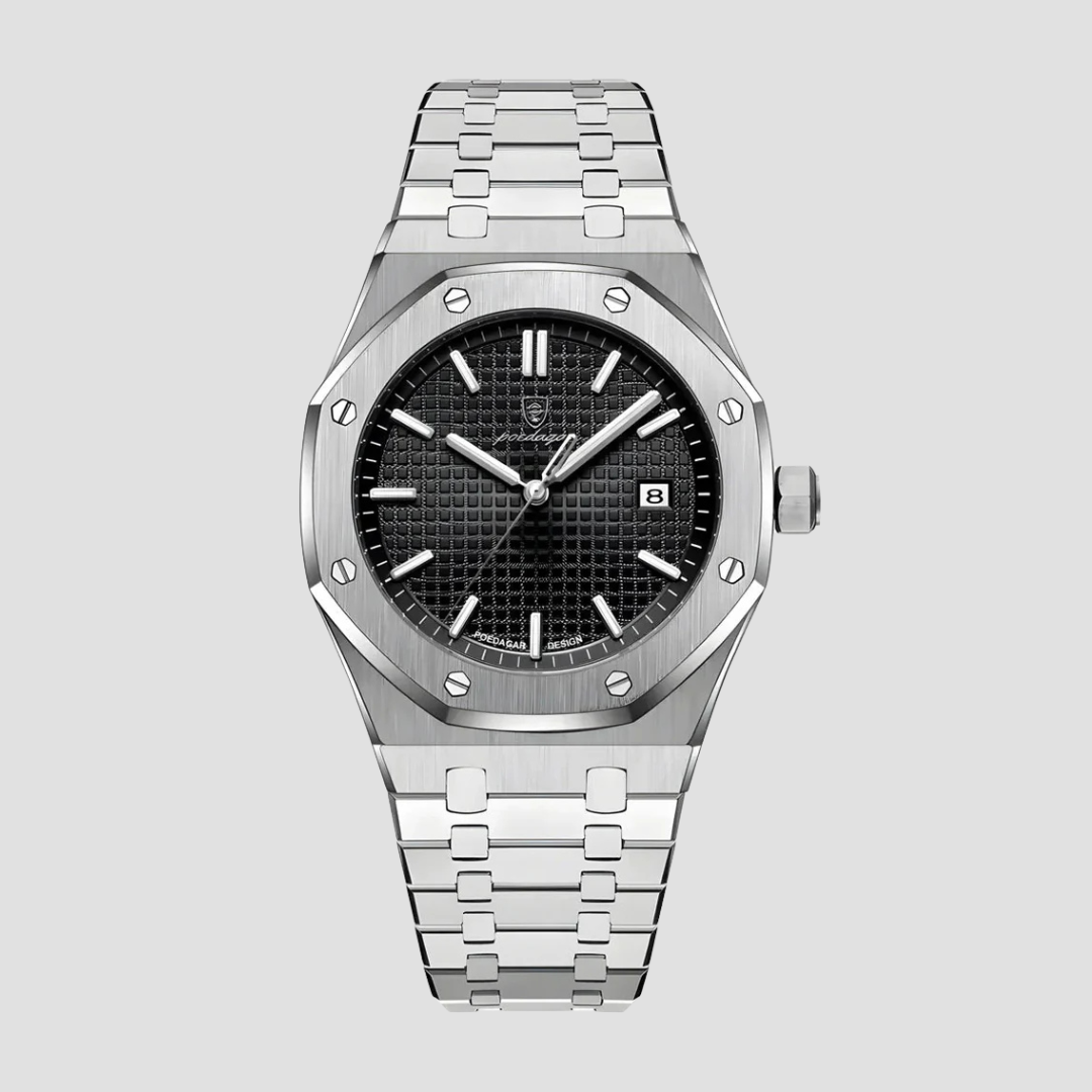 Klasyczny męski zegarek ze stali nierdzewnej, zintegrowana bransoleta, szafirowe szkło, 41 mm koperta.