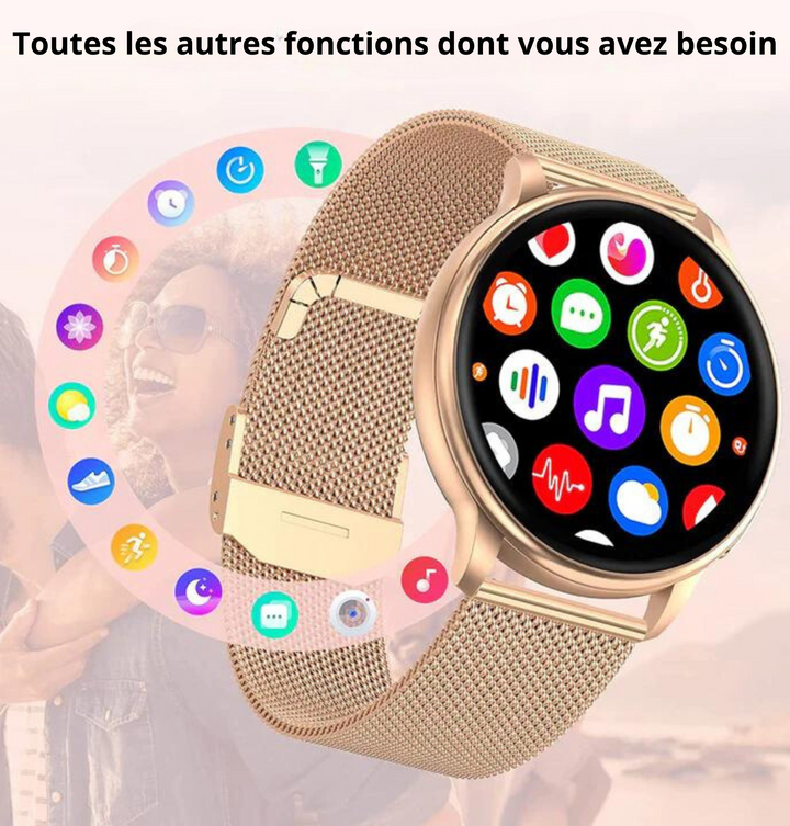 Montre connectée élégante avec écran tactile, couleurs argent et or, bracelet ajustable, s'intègre à chaque tenue.