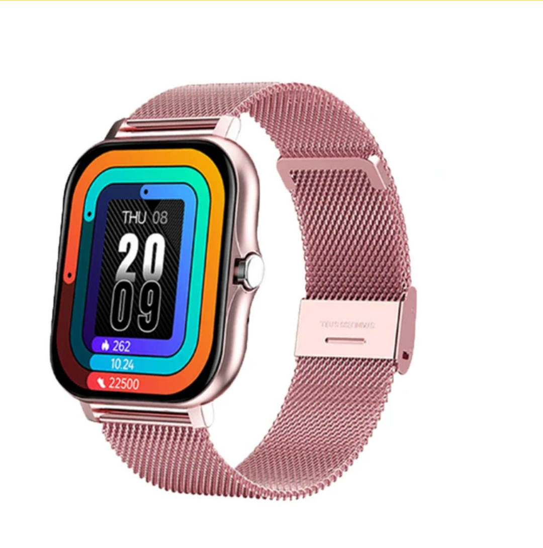 Elegancki smartwatch damski w kolorze złotym z cienką bransoletą i ekranem dotykowym, nowoczesny i wyrafinowany design.