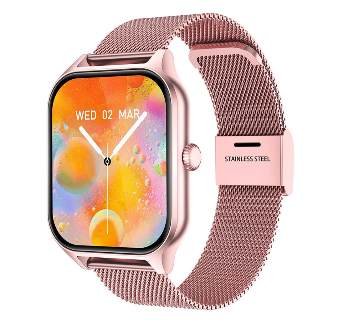 Elegancki smartwatch damski w kolorze złotym z cienką bransoletą i ekranem dotykowym, nowoczesny i wyrafinowany design.