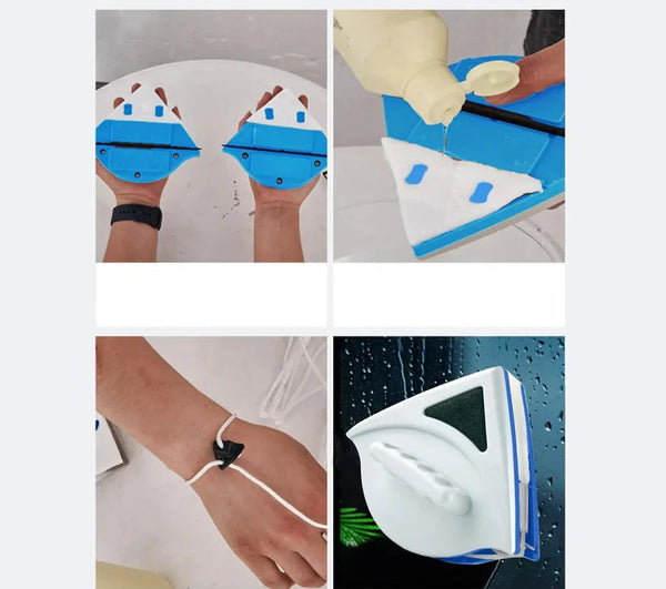Innowacyjny dwustronny środek do czyszczenia okien o nowoczesnym designie, silnym magnesie i ergonomicznym uchwycie zapewniającym skuteczne czyszczenie.