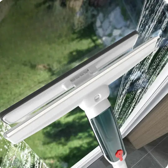 Teleskopowa myjka do okien z podwójnym działaniem, ze ściągaczką i wysuwanym uchwytem do skutecznego i bezsmugowego czyszczenia.