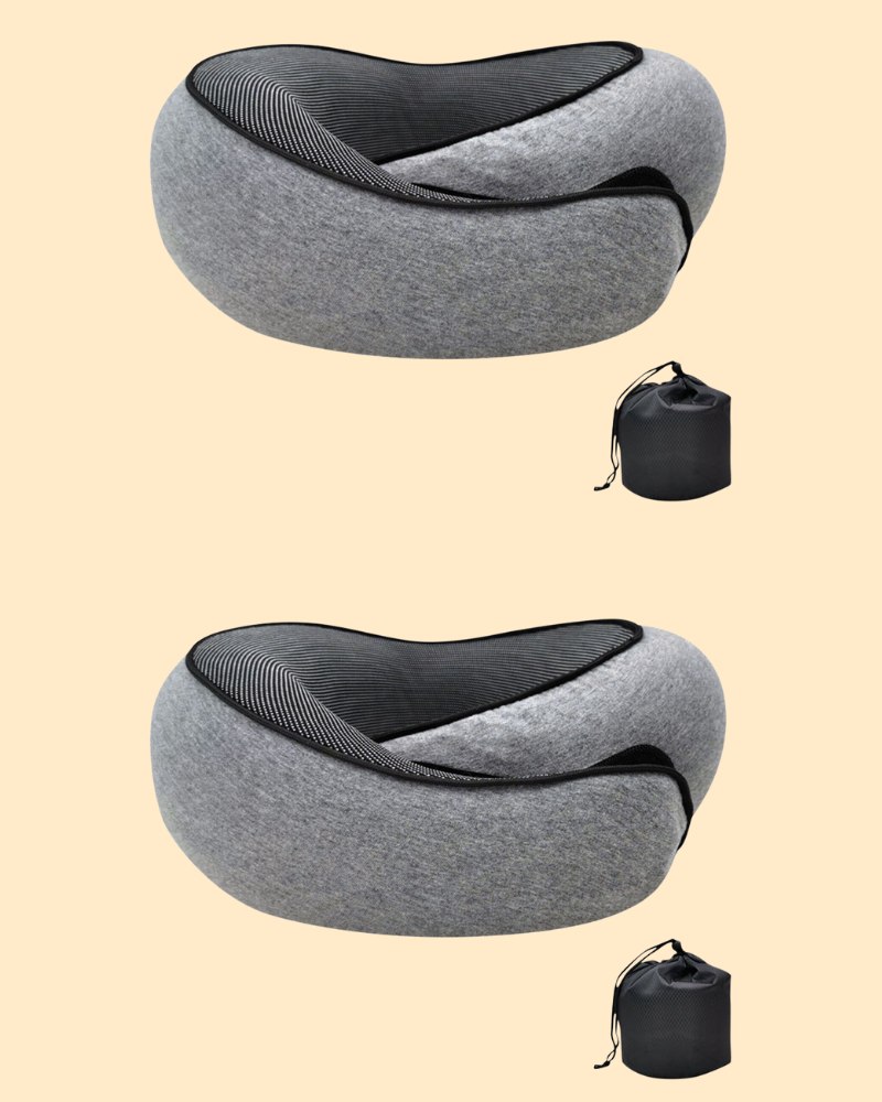 Ergonomiczna podróżna poduszka z pianki memory, w kształcie kości, z miękkiego niebieskiego materiału, idealna do podparcia szyi i głowy.