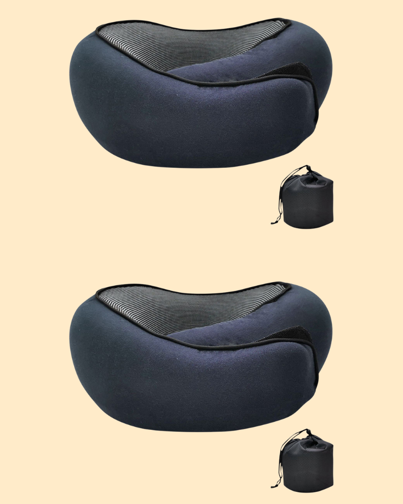 Ergonomiczna podróżna poduszka z pianki memory, w kształcie kości, z miękkiego niebieskiego materiału, idealna do podparcia szyi i głowy.