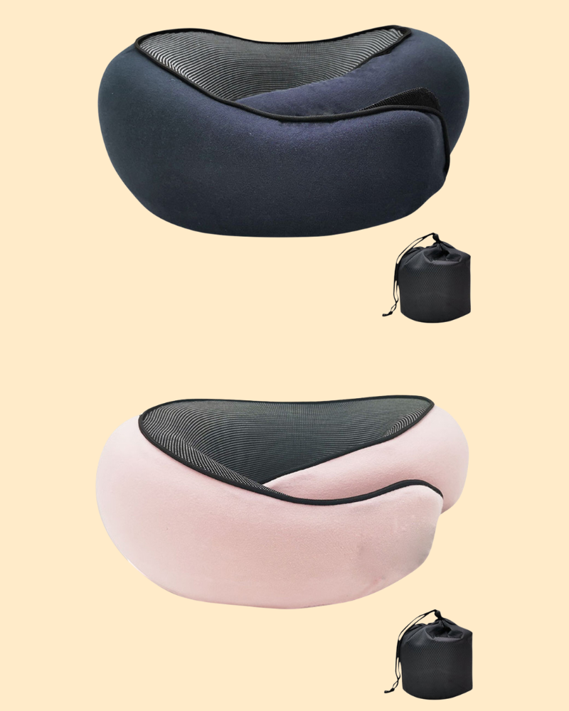 Ergonomiczna podróżna poduszka z pianki memory, w kształcie kości, z miękkiego niebieskiego materiału, idealna do podparcia szyi i głowy.