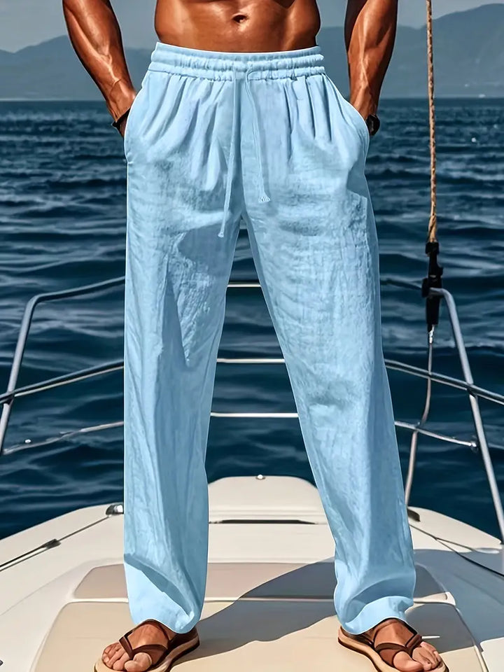 "Pantalon ample homme en lin respirant, coupe moderne et élégance estivale pour confort et fraîcheur optimale."