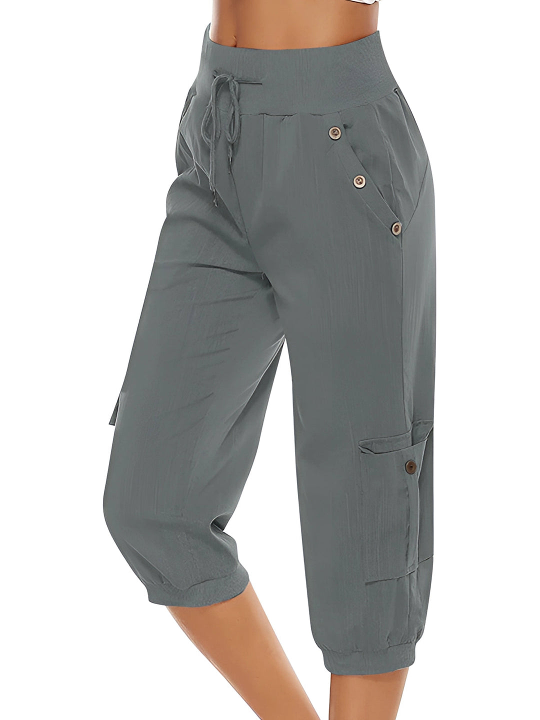 "Pantalon capri vert durable léger, respirant et confortable pour l'été, ajustement décontracté et élastique à la taille."