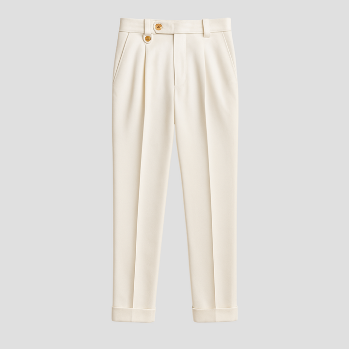 Białe stylowe spodnie z zakładkami, płynny krój, wysoki stan z podwójnym guzikiem, lekki materiał, idealne na lato, wyrafinowany i miejski styl.