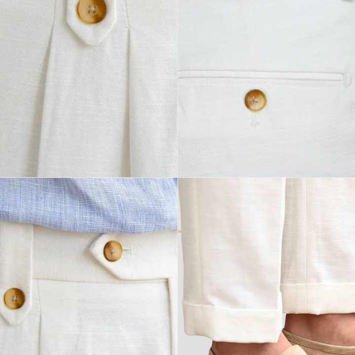 Białe stylowe spodnie z zakładkami, płynny krój, wysoki stan z podwójnym guzikiem, lekki materiał, idealne na lato, wyrafinowany i miejski styl.