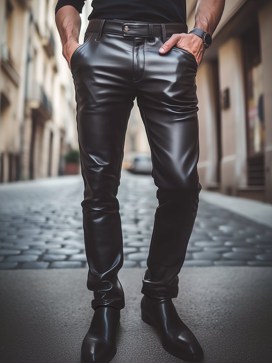 Pantalon en cuir noir décontracté élégant et confortable pour homme, coupe moderne et ajustement parfait, vue de face.