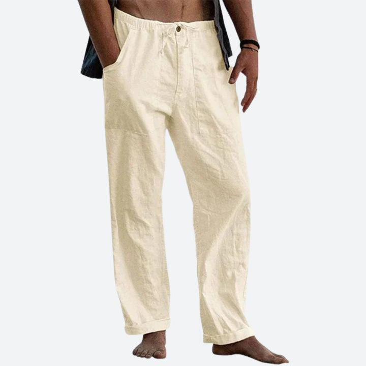 Lekkie lniane spodnie męskie, elegancki krój, idealne na lato. Oddychający komfort i klasyczny styl.