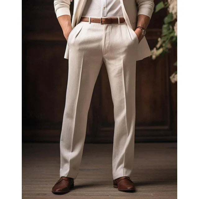 Męskie lekkie lniane spodnie, eleganckie i swobodne, w neutralnym kolorze, idealne na lato i eleganckie okazje.