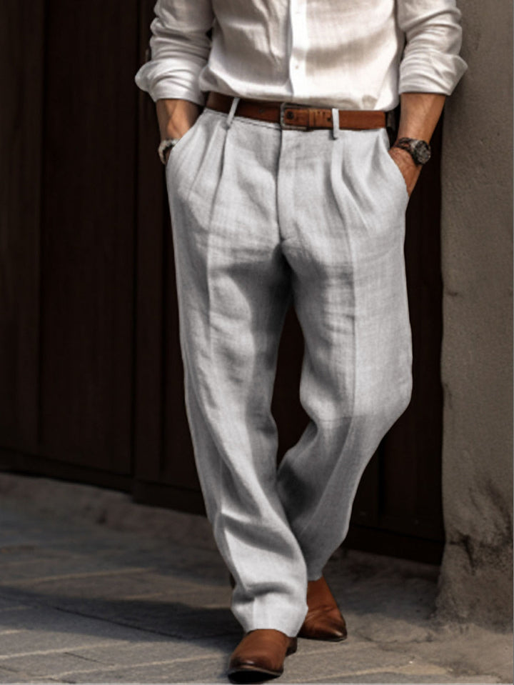 Męskie lniane spodnie, wygodne, luźny krój, lekkie, elegancki casualowy styl, idealne na każdą okazję.
