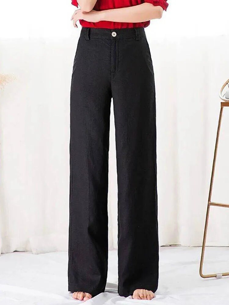 "Pantalon large décontracté en lin léger pour femme, style estival, disponible en beige, blanc et noir."