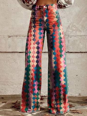 Damskie luźne spodnie vintage, szeroki krój z denimu z eleganckimi wzorami, komfort i elegancja dla unikalnego i oryginalnego stylu.