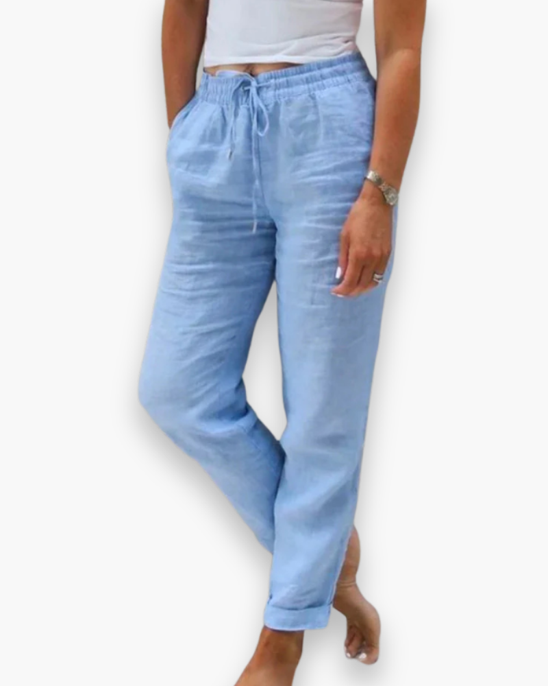 Lekkie, zwiewne spodnie damskie, elastyczny pas, miękki materiał, praktyczne kieszenie, idealne do eleganckiego, codziennego stylu.