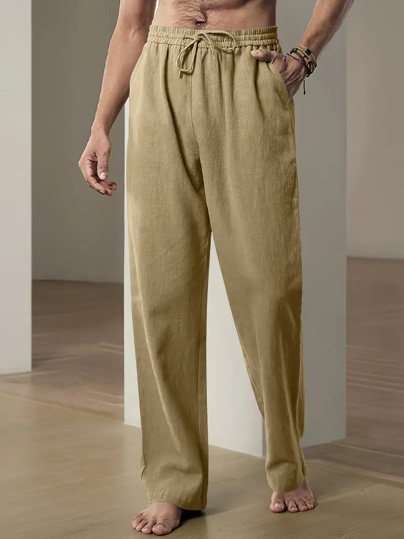 Męskie spodnie lniane khaki, nowoczesny krój, oddychające, stylowe do noszenia na co dzień lub elegancko, wszechstronne i wygodne.