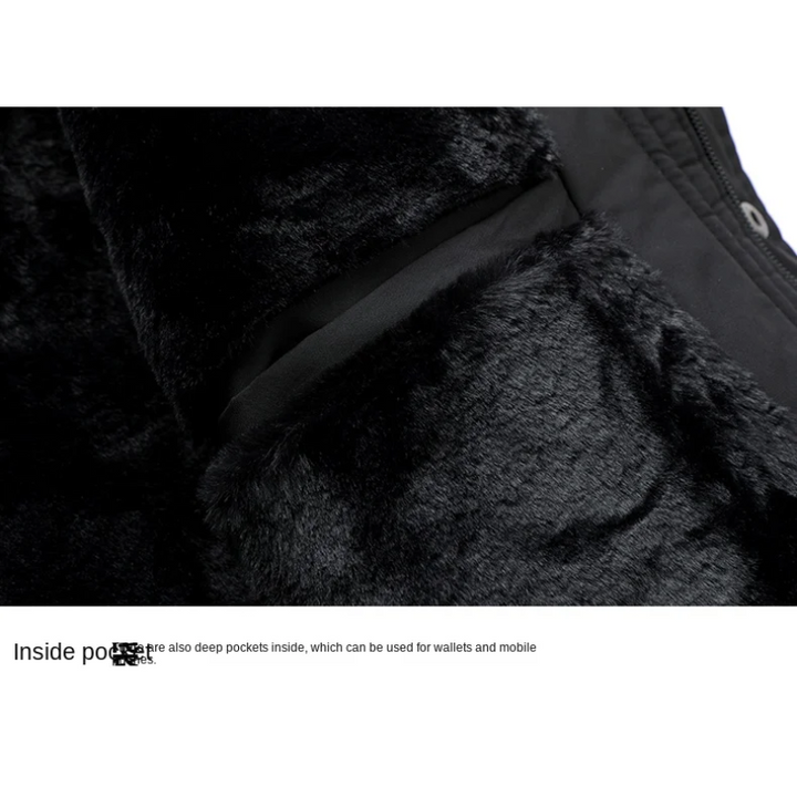 Męska parka zimowa, widok z przodu, odpinany kaptur, elegancki design, czarna, odporna na zimno i niepogodę.