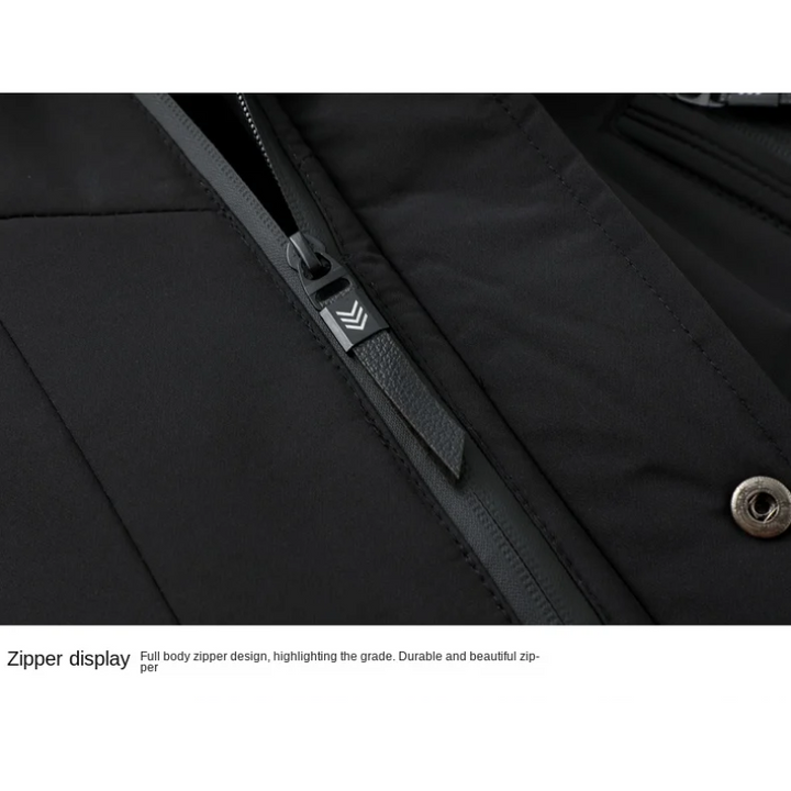 Męska parka zimowa, widok z przodu, odpinany kaptur, elegancki design, czarna, odporna na zimno i niepogodę.