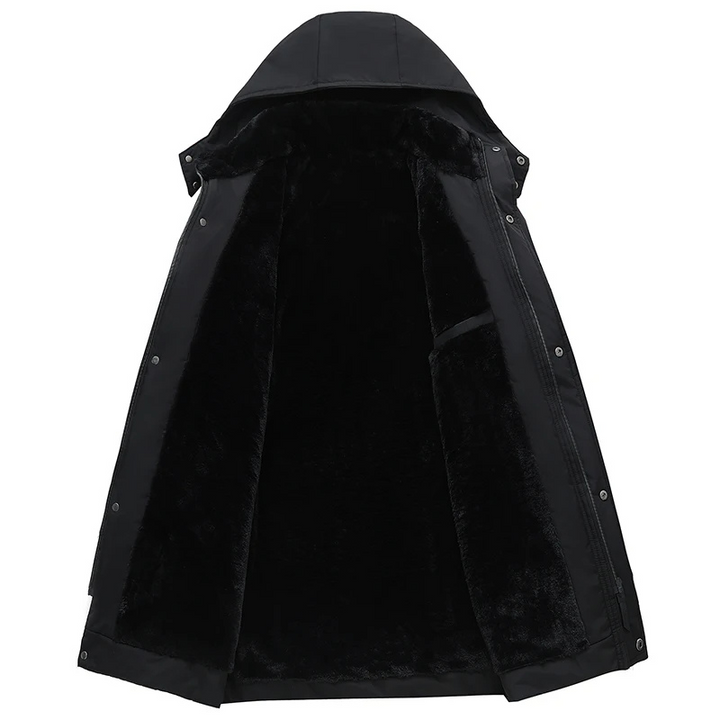 Męska parka zimowa, widok z przodu, odpinany kaptur, elegancki design, czarna, odporna na zimno i niepogodę.