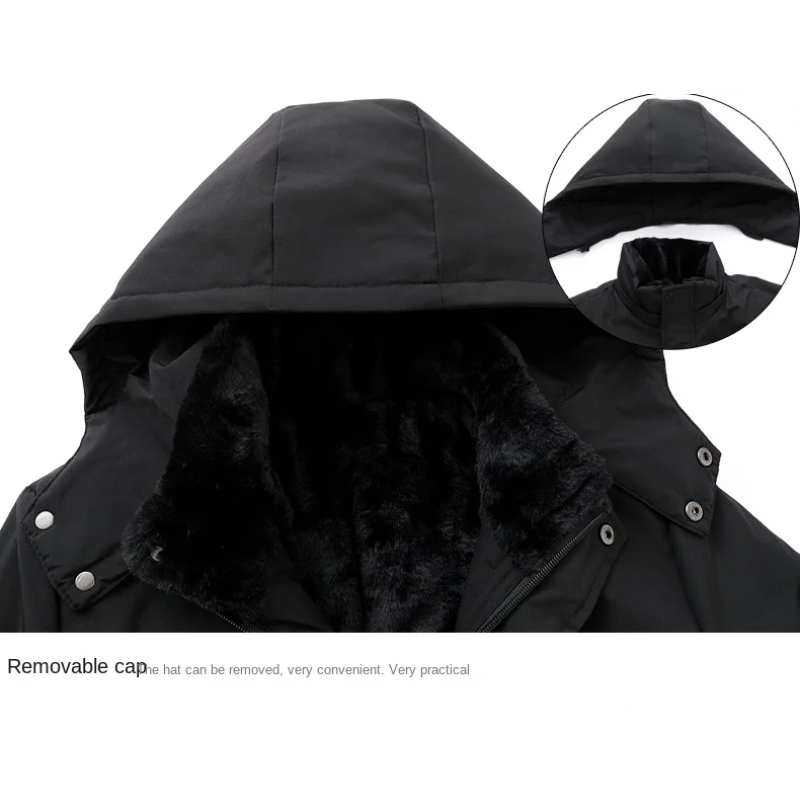 Męska parka zimowa, widok z przodu, odpinany kaptur, elegancki design, czarna, odporna na zimno i niepogodę.