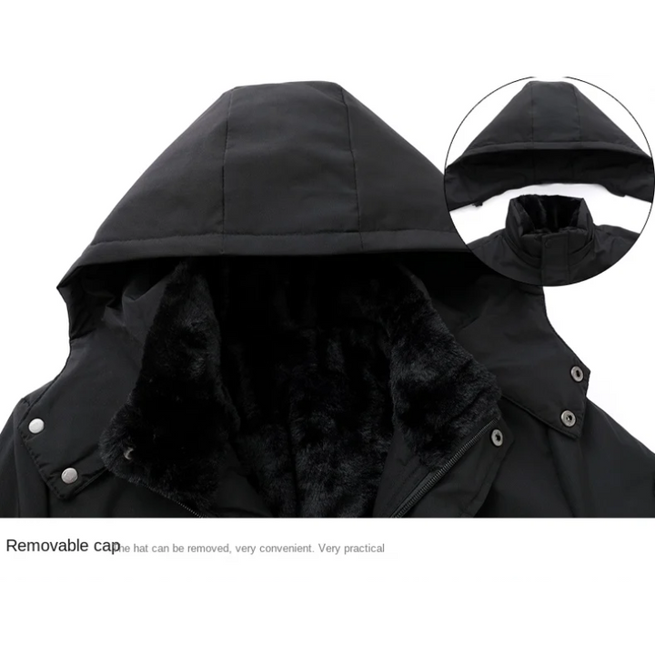 Męska parka zimowa, widok z przodu, odpinany kaptur, elegancki design, czarna, odporna na zimno i niepogodę.