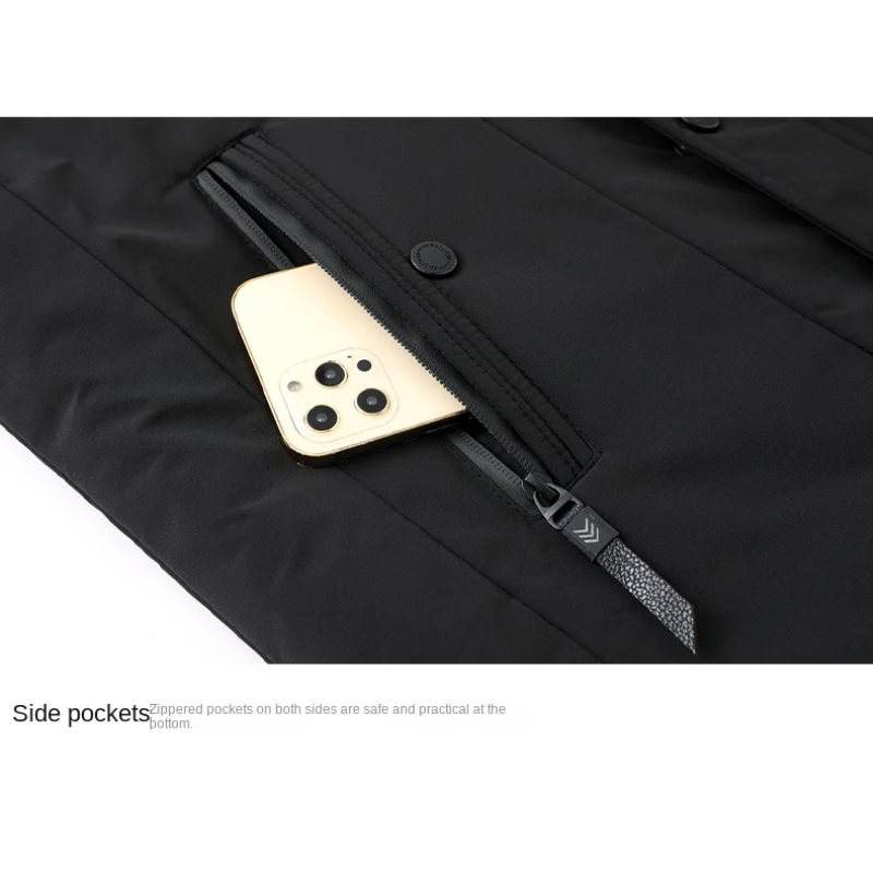 Męska parka zimowa, widok z przodu, odpinany kaptur, elegancki design, czarna, odporna na zimno i niepogodę.