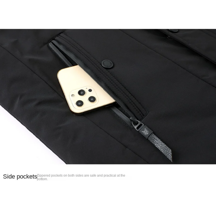 Męska parka zimowa, widok z przodu, odpinany kaptur, elegancki design, czarna, odporna na zimno i niepogodę.