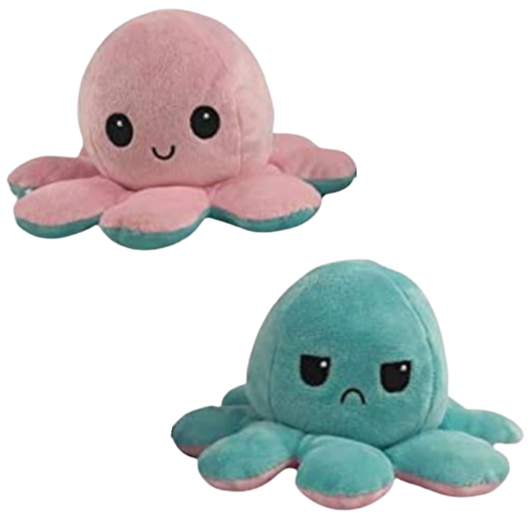 Miękka odwracalna pluszowa ośmiornica w wielu kolorach, zabawna i urocza, zmienia minę z wesołej na smutną, aby pokazać nastrój.