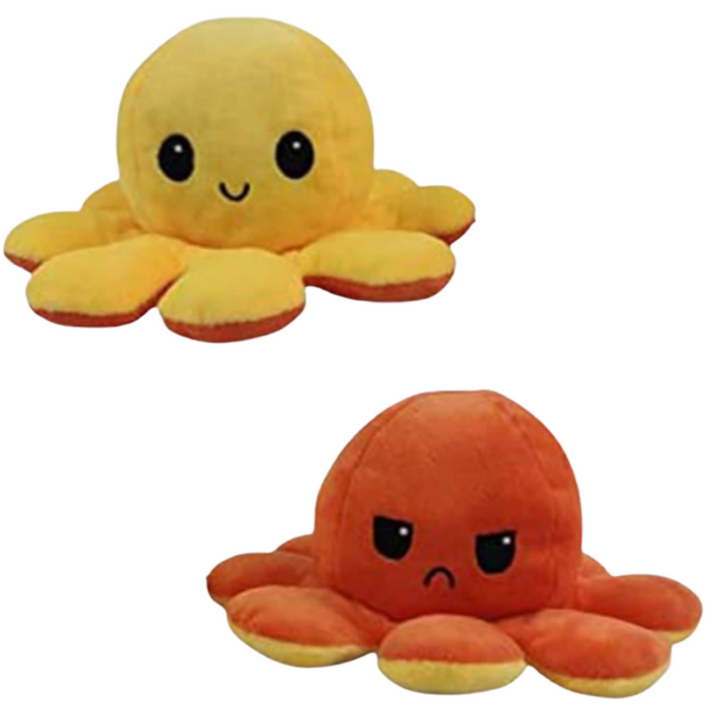 Miękka odwracalna pluszowa ośmiornica w wielu kolorach, zabawna i urocza, zmienia minę z wesołej na smutną, aby pokazać nastrój.