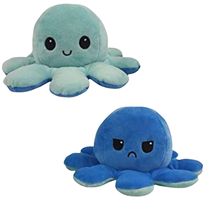 Miękka odwracalna pluszowa ośmiornica w wielu kolorach, zabawna i urocza, zmienia minę z wesołej na smutną, aby pokazać nastrój.