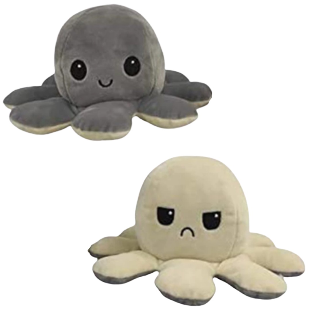 Miękka odwracalna pluszowa ośmiornica w wielu kolorach, zabawna i urocza, zmienia minę z wesołej na smutną, aby pokazać nastrój.