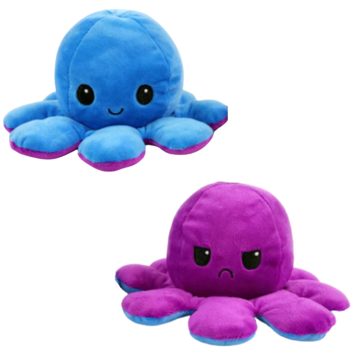 Miękka odwracalna pluszowa ośmiornica w wielu kolorach, zabawna i urocza, zmienia minę z wesołej na smutną, aby pokazać nastrój.