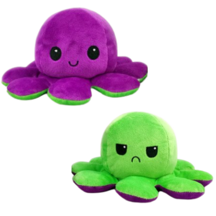 Miękka odwracalna pluszowa ośmiornica w wielu kolorach, zabawna i urocza, zmienia minę z wesołej na smutną, aby pokazać nastrój.