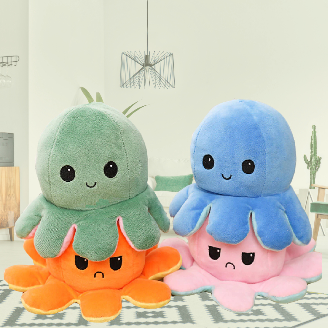 Miękka odwracalna pluszowa ośmiornica w wielu kolorach, zabawna i urocza, zmienia minę z wesołej na smutną, aby pokazać nastrój.