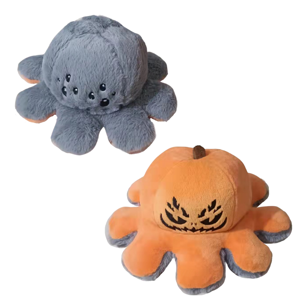 Miękka odwracalna pluszowa ośmiornica w wielu kolorach, zabawna i urocza, zmienia minę z wesołej na smutną, aby pokazać nastrój.