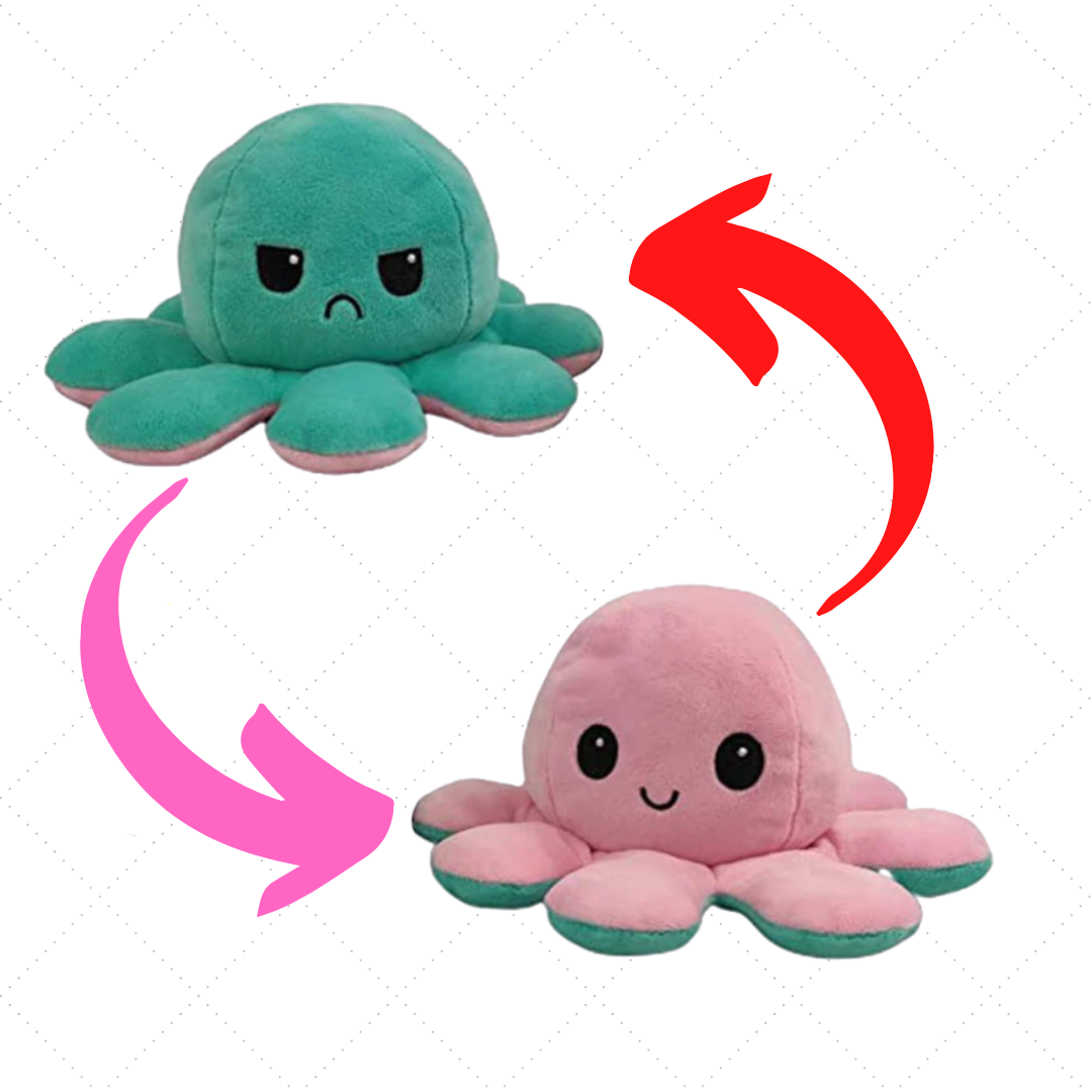 Miękka odwracalna pluszowa ośmiornica w wielu kolorach, zabawna i urocza, zmienia minę z wesołej na smutną, aby pokazać nastrój.