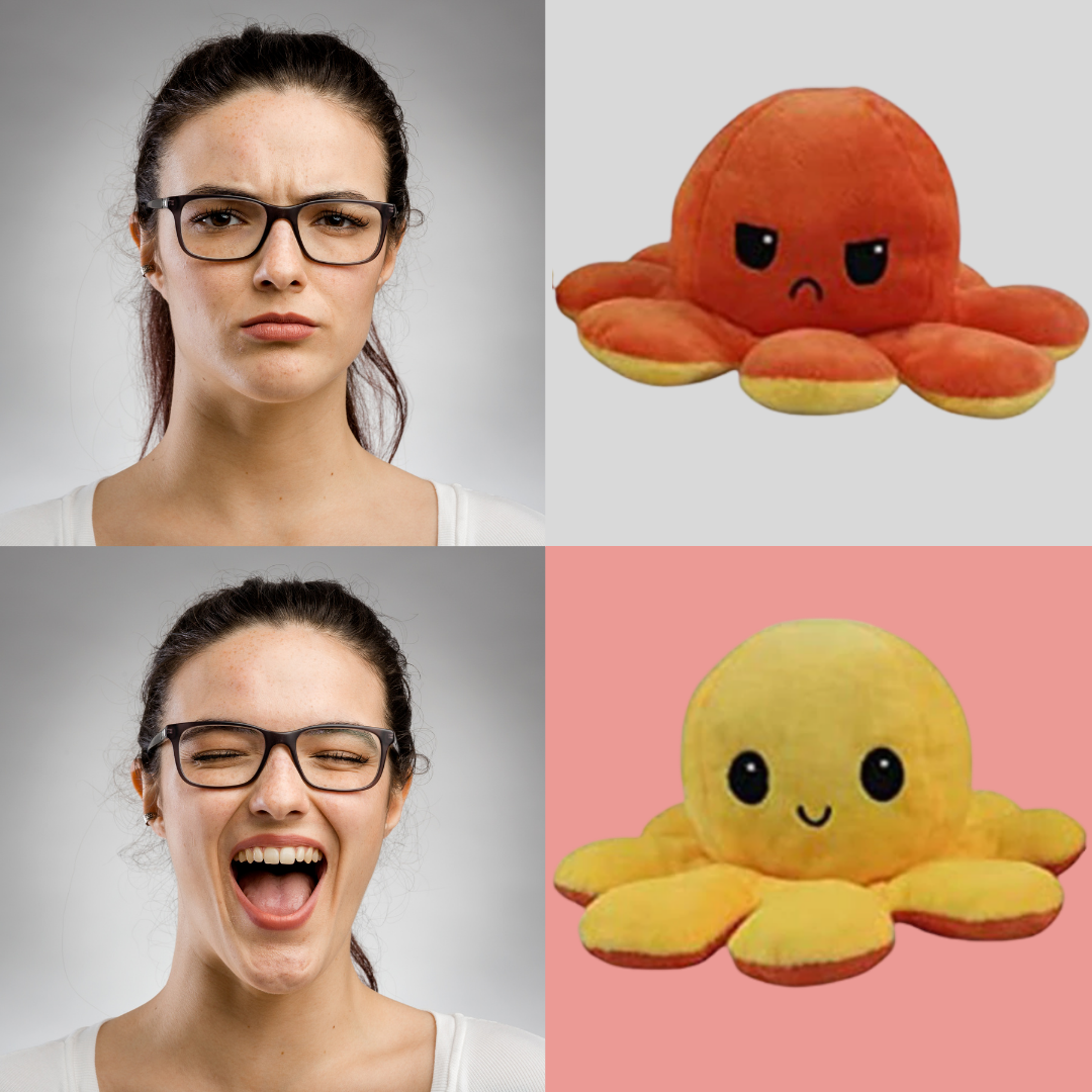 Miękka odwracalna pluszowa ośmiornica w wielu kolorach, zabawna i urocza, zmienia minę z wesołej na smutną, aby pokazać nastrój.